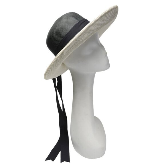 Vintage Filene's Wide Brim Straw Sun Hat Black White Grosgrain Ribbon Bow - Picture 9 of 10